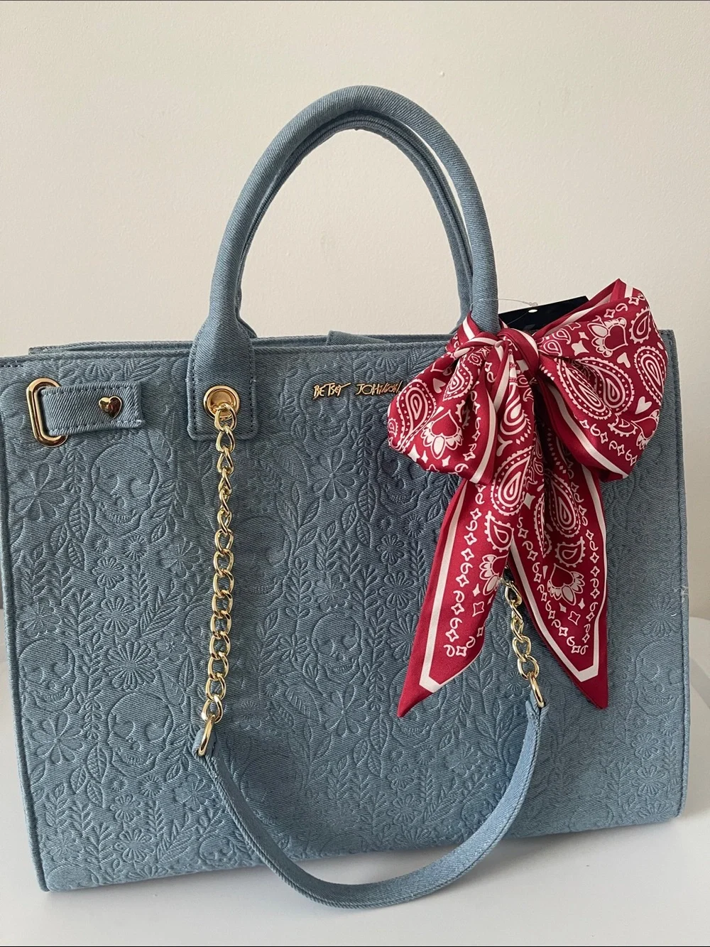 Betsey Johnson Light Blue denim skull Embossed Tote with Red Bandana Bow